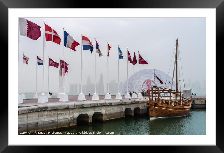 Flags at the 'Way to the World Cup' on the Corniche Promenade, Doha, Qatar Framed Mounted Print by SnapT Photography