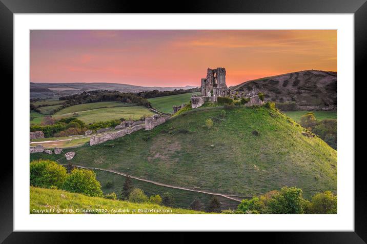 Corfe Castle at sunset Framed Mounted Print by Chris Drabble