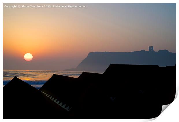 Scarborough Beach Huts Sunrise Silhouette , North  Print by Alison Chambers