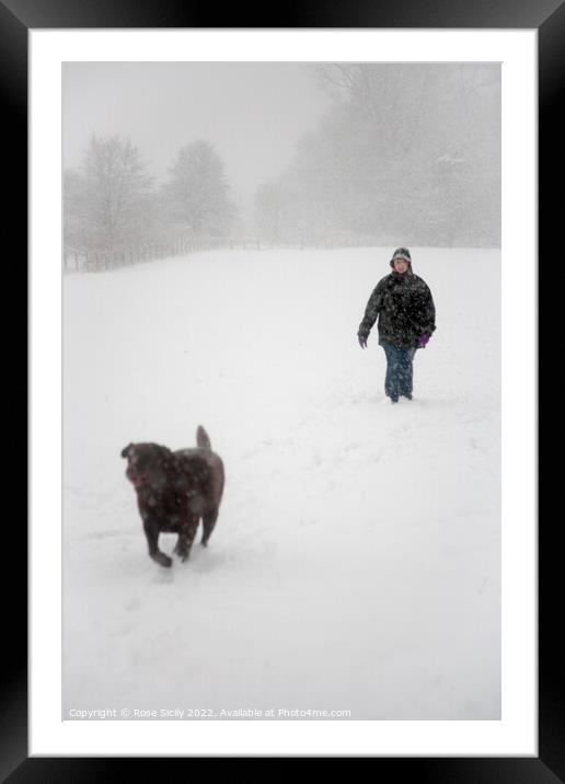 Person walking a dog in winter in snowy fields  Framed Mounted Print by Rose Sicily
