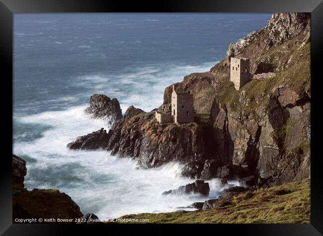 Crown Engine Houses on the rocky cliffs at Botallack Framed Print by Keith Bowser