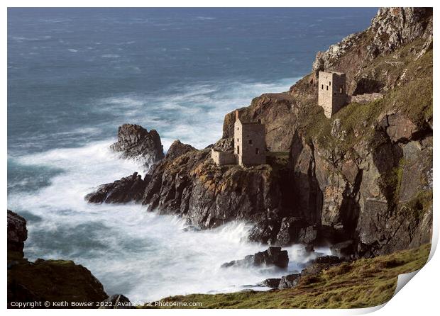 Crown Engine Houses on the rocky cliffs at Botallack Print by Keith Bowser