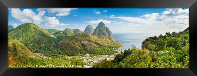 The Pitons panorama, St Lucia Framed Print by Justin Foulkes