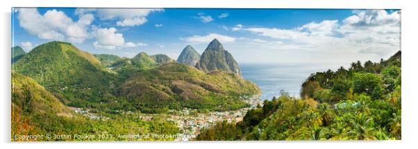 The Pitons panorama, St Lucia Acrylic by Justin Foulkes