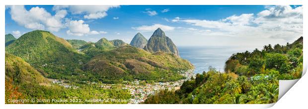 The Pitons panorama, St Lucia Print by Justin Foulkes