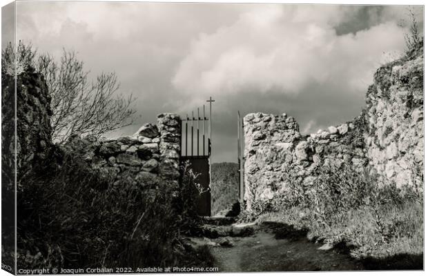 Scary entrance to an old stone cemetery with an iron gate. Canvas Print by Joaquin Corbalan