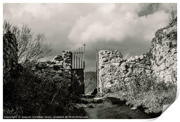 Scary entrance to an old stone cemetery with an iron gate. Print by Joaquin Corbalan