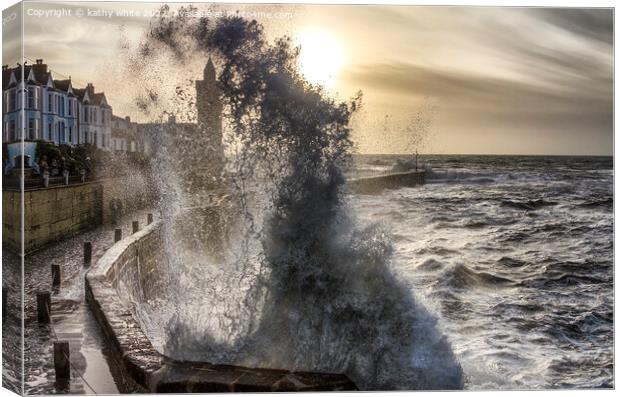 waves at porthleven Harbour Cornwall Canvas Print by kathy white