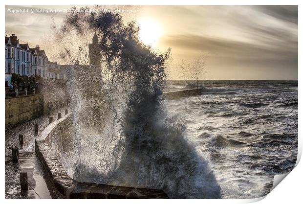 waves at porthleven Harbour Cornwall Print by kathy white