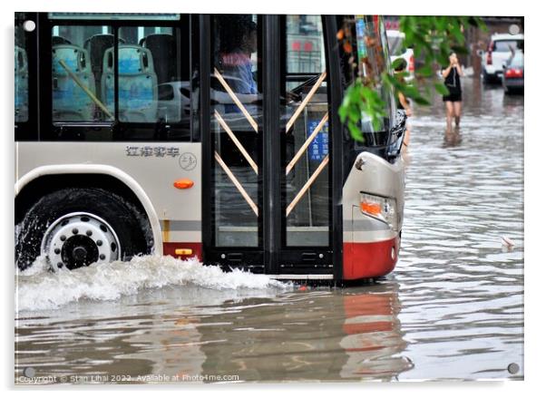 Bus in flooded city  Acrylic by Stan Lihai