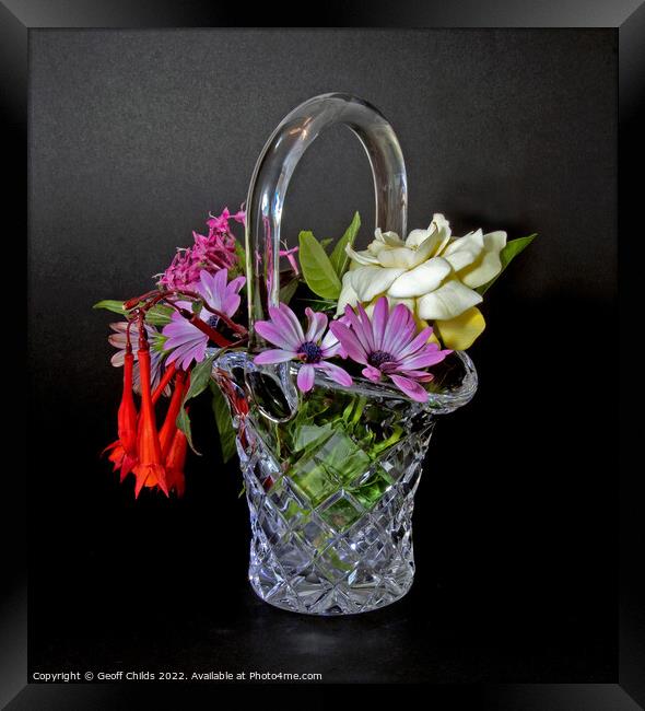 Bunch of mixed flowers in a cut glass basket Vase  Framed Print by Geoff Childs