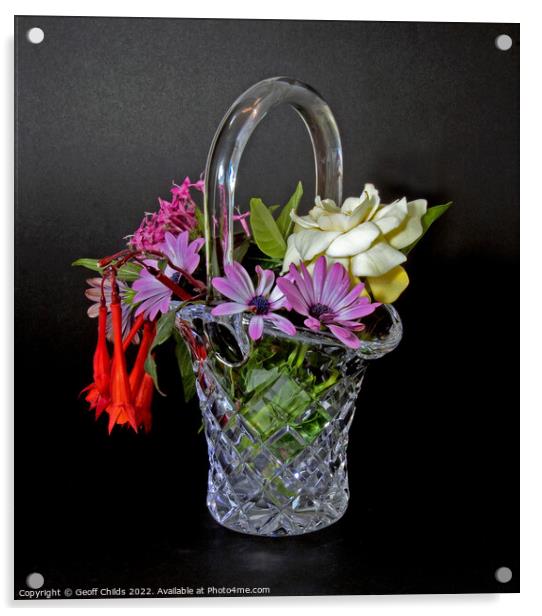 Bunch of mixed flowers in a cut glass basket Vase  Acrylic by Geoff Childs