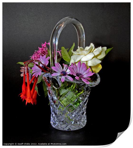 Bunch of mixed flowers in a cut glass basket Vase  Print by Geoff Childs