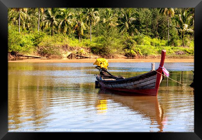 Boat on lagoon on beach at Khao Lak, Phang Nga, Thailand Framed Print by Kevin Hellon