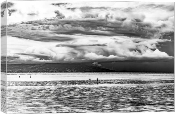 Black White Canoes Tahiti Island Rain Storm Cloudscape Water Moo Canvas Print by William Perry