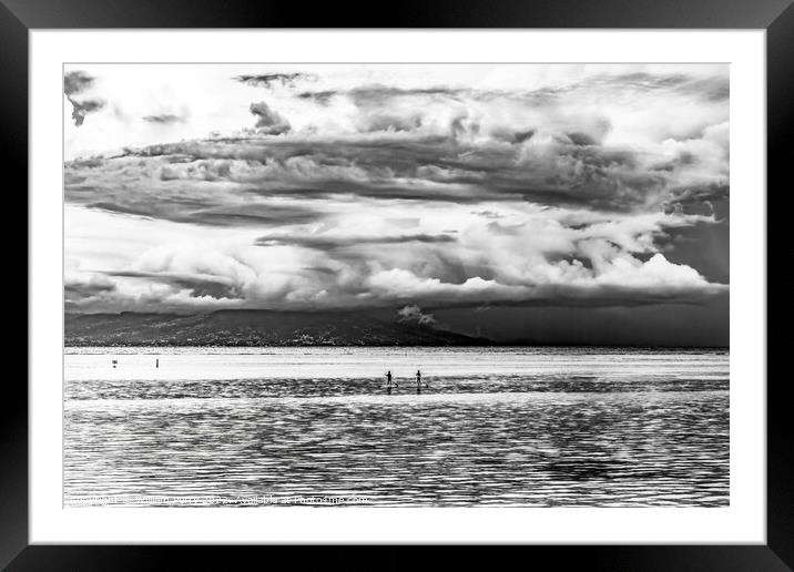 Black White Canoes Tahiti Island Rain Storm Cloudscape Water Moo Framed Mounted Print by William Perry