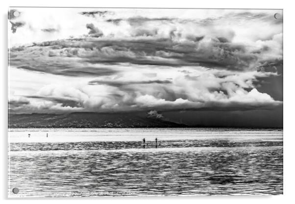 Black White Canoes Tahiti Island Rain Storm Cloudscape Water Moo Acrylic by William Perry