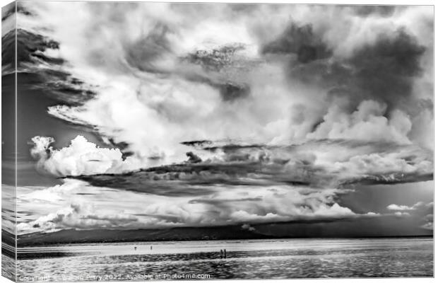 Black White Canoes Tahiti Island Rain Storm Cloudscape Water Moo Canvas Print by William Perry