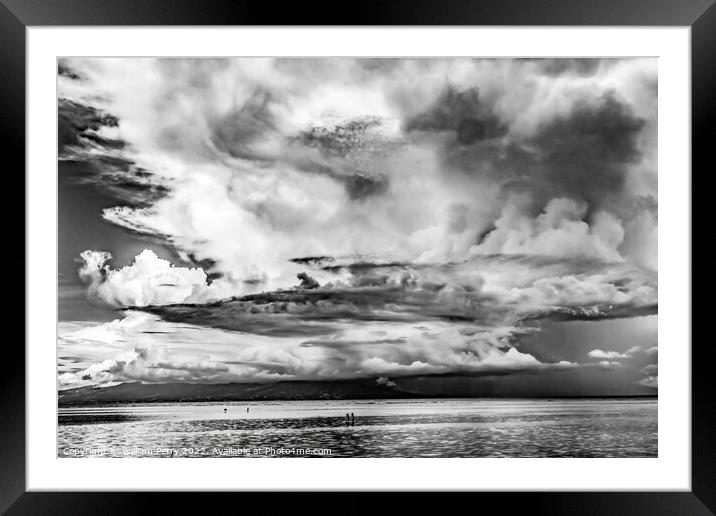 Black White Canoes Tahiti Island Rain Storm Cloudscape Water Moo Framed Mounted Print by William Perry
