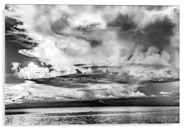 Black White Canoes Tahiti Island Rain Storm Cloudscape Water Moo Acrylic by William Perry