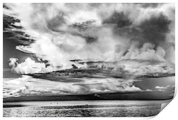 Black White Canoes Tahiti Island Rain Storm Cloudscape Water Moo Print by William Perry