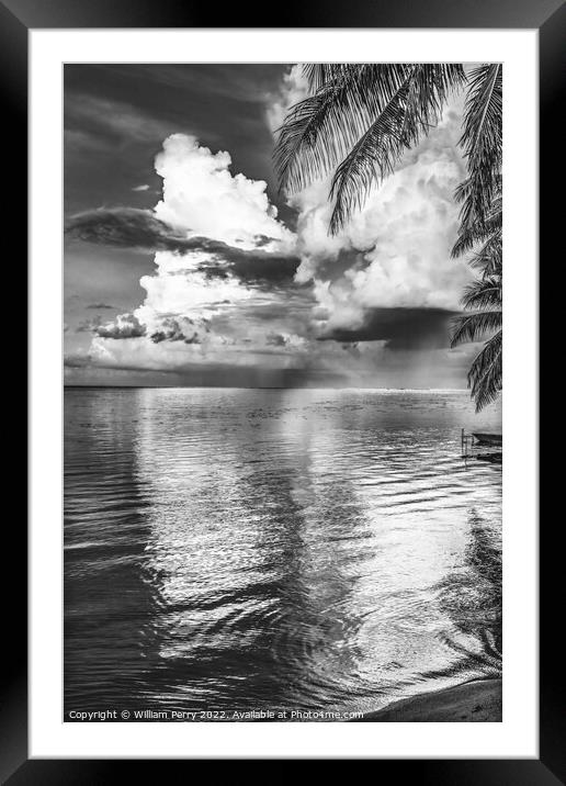 Black White Rain Storm Cloudscape Beach Moorea Tahiti Framed Mounted Print by William Perry