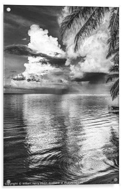 Black White Rain Storm Cloudscape Beach Moorea Tahiti Acrylic by William Perry