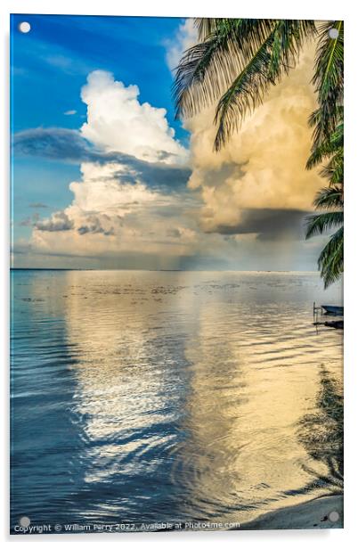 Rain Storm Cloudscape Beach Reflection Blue Water Moorea Tahiti Acrylic by William Perry