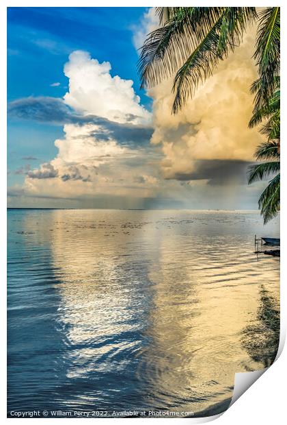 Rain Storm Cloudscape Beach Reflection Blue Water Moorea Tahiti Print by William Perry