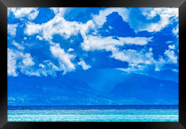 Tahiti Island Rain Storm Cloudscape Blue Water Moorea  Framed Print by William Perry