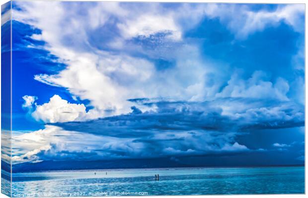 Canoes Tahiti Island Rain Storm Cloudscape Blue Water Moorea  Canvas Print by William Perry