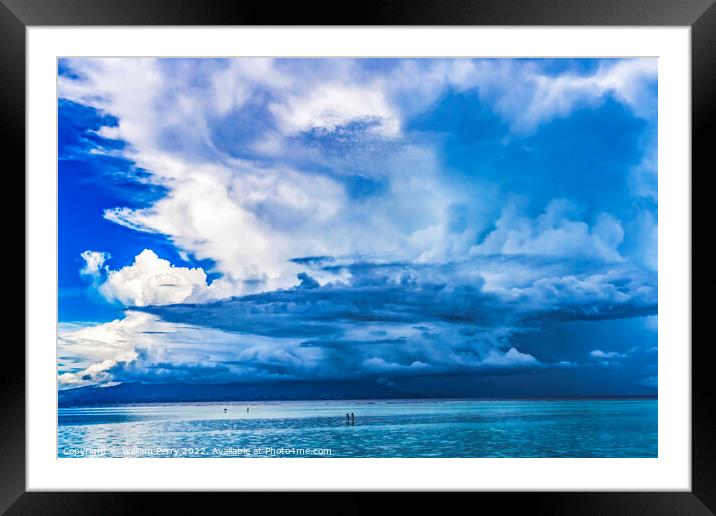 Canoes Tahiti Island Rain Storm Cloudscape Blue Water Moorea  Framed Mounted Print by William Perry