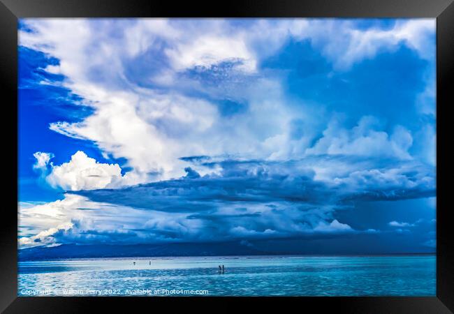 Canoes Tahiti Island Rain Storm Cloudscape Blue Water Moorea  Framed Print by William Perry