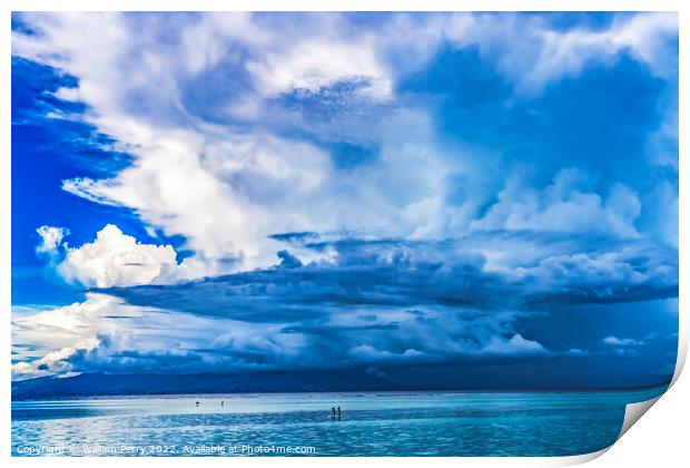Canoes Tahiti Island Rain Storm Cloudscape Blue Water Moorea  Print by William Perry