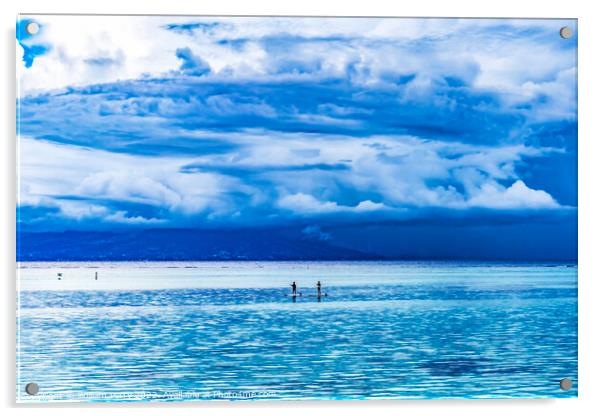 Canoes Tahiti Island Rain Storm Cloudscape Blue Water Moorea  Acrylic by William Perry