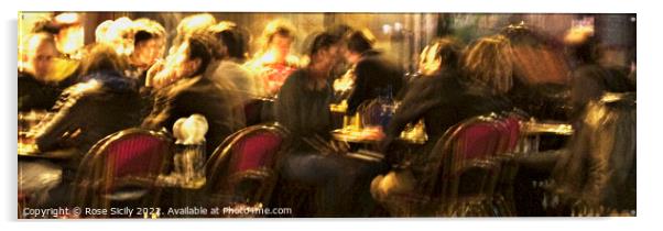 Customers sat outside a Parisien cafe in the evening eating and drinking. Acrylic by Rose Sicily