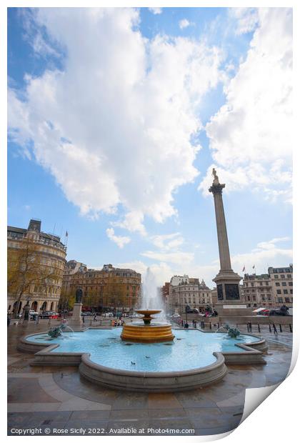 Trafalgar Square showing Nelson's Column and fountains, in Charing Cross, London Print by Rose Sicily