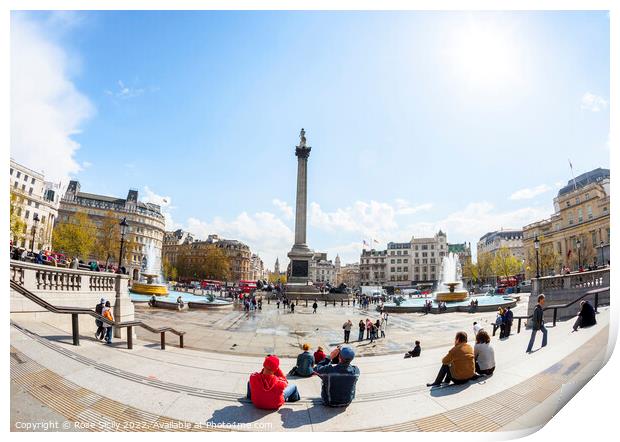 Trafalgar Square showing Nelson's Column, Lions and fountains, in Charing Cross, London Print by Rose Sicily