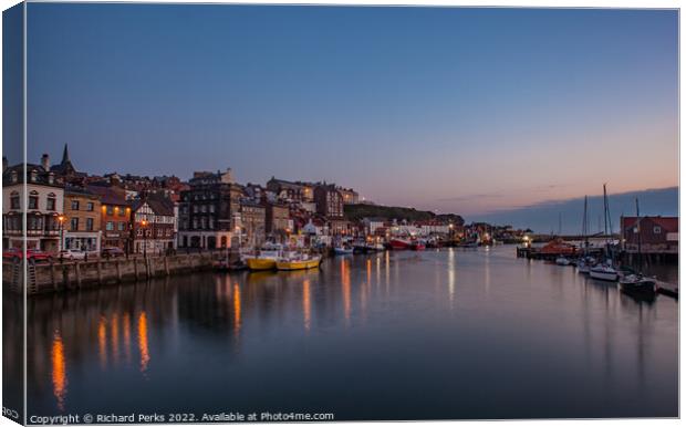 Peaceful Reflections of Whitby Harbour Canvas Print by Richard Perks