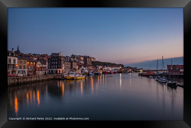 Peaceful Reflections of Whitby Harbour Framed Print by Richard Perks