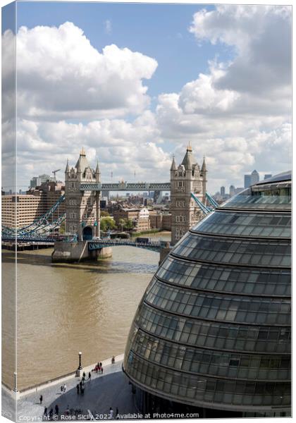 View of London City Hall, The River Thames and Tower Bridge from the South bank. Canvas Print by Rose Sicily