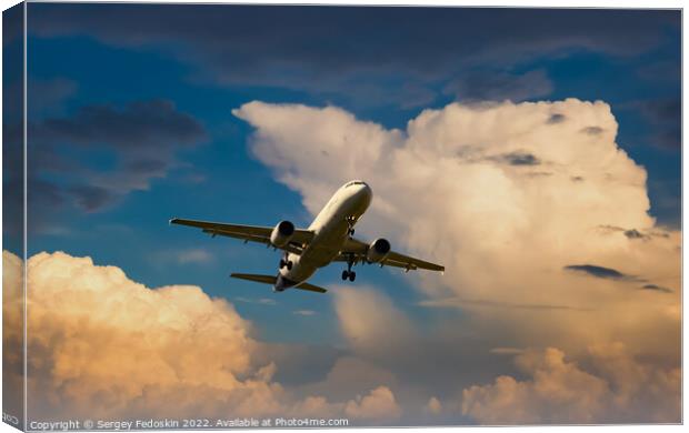 Passenger commercial aircraft flying on a dramatic sky background. Canvas Print by Sergey Fedoskin