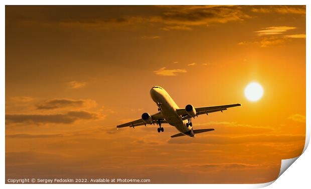 Passenger commercial aircraft flying under the clouds in sunset light. Print by Sergey Fedoskin