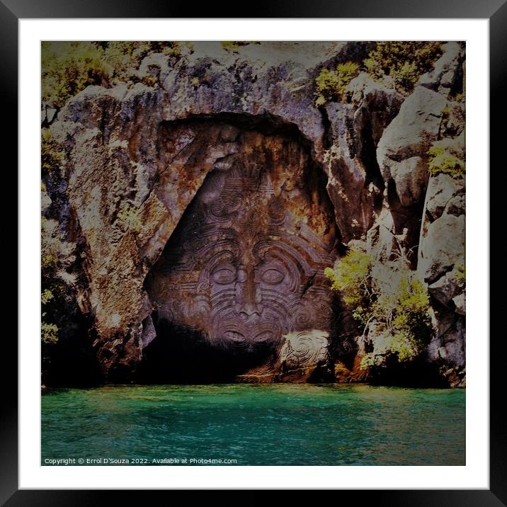Mine Bay Maori rock carving of Ngatoroirangi on Lake Taupo Framed Mounted Print by Errol D'Souza