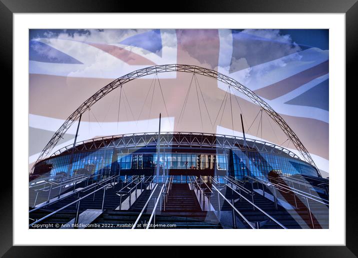 Wembley Stadium with faded Union Jack Framed Mounted Print by Ann Biddlecombe
