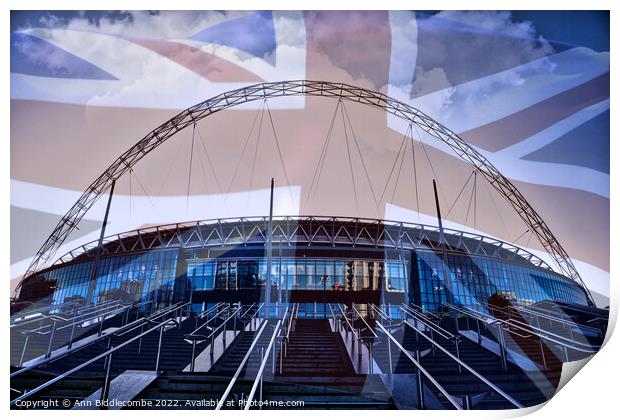 Wembley Stadium with faded Union Jack Print by Ann Biddlecombe