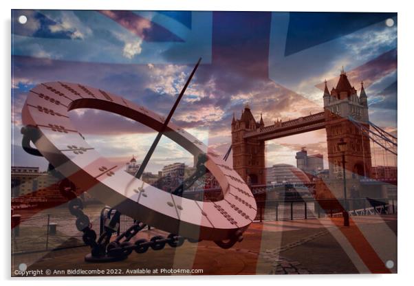 Sundial with tower bridge and faded Union Jack Acrylic by Ann Biddlecombe