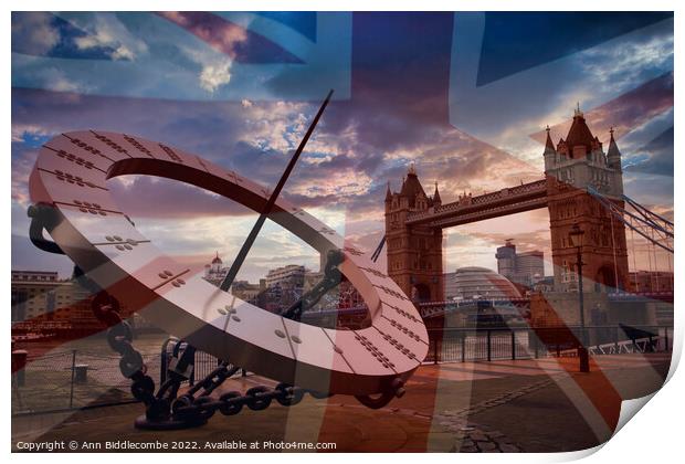 Sundial with tower bridge and faded Union Jack Print by Ann Biddlecombe
