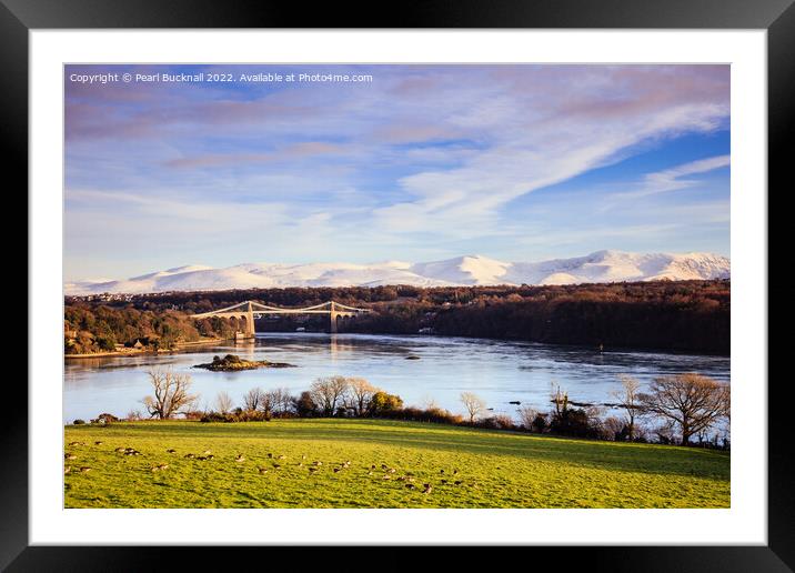 Menai Strait and Suspension Bridge Anglesey Wales Framed Mounted Print by Pearl Bucknall