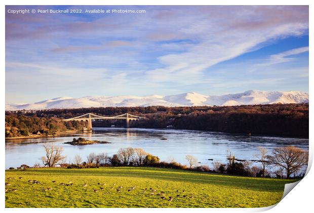 Menai Strait and Suspension Bridge Anglesey Wales Print by Pearl Bucknall